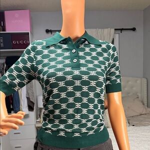 Elegant Green Patterned Polo Sweater